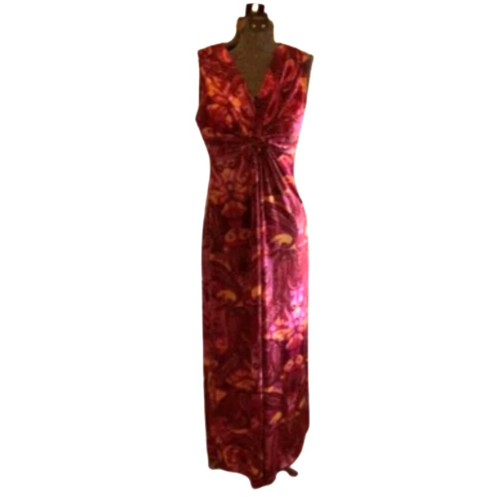 PECK AND PECK WEEKEND SMALL SLEEVELESS MAXI DRESS REDS PINKS TWIST FRONT V NECK